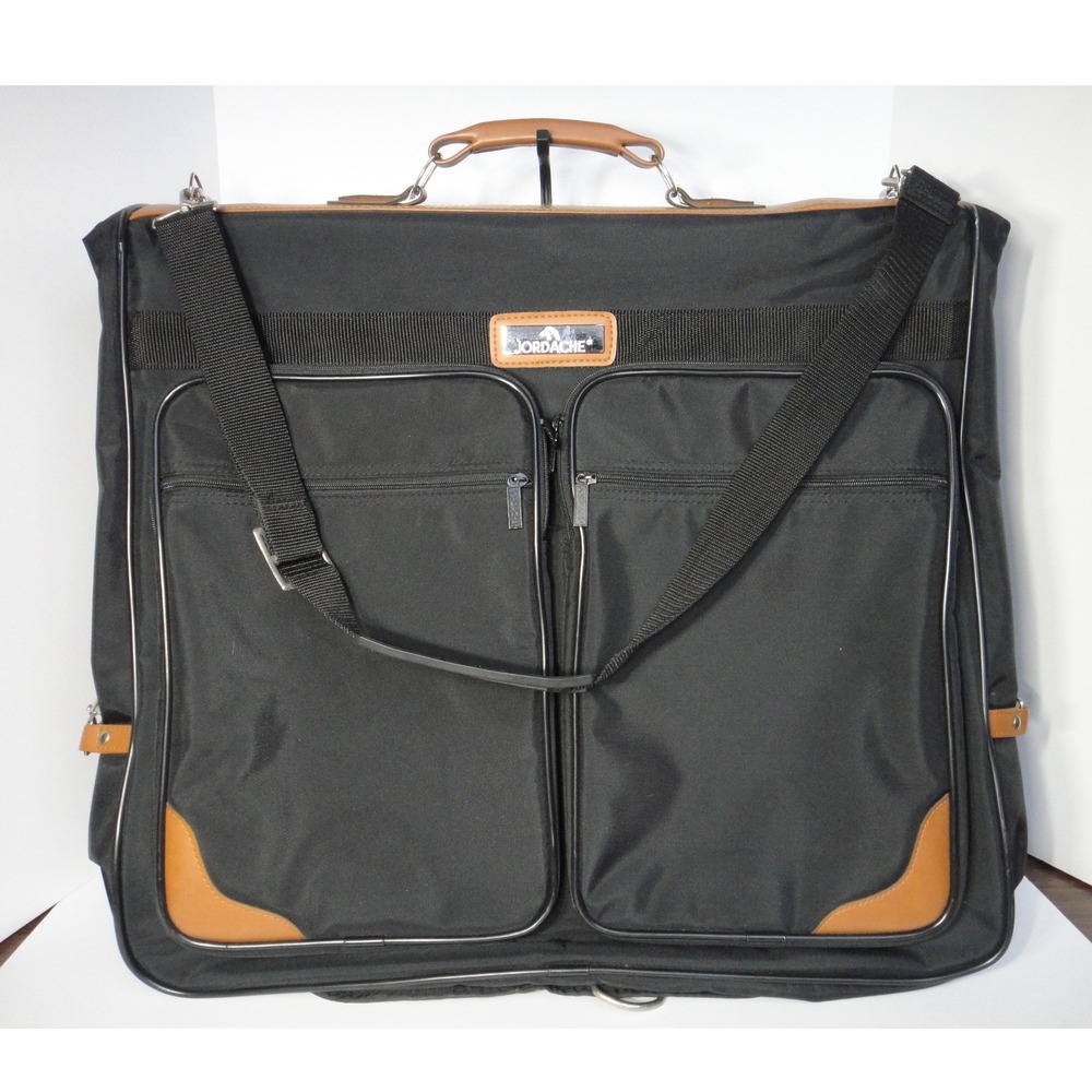 VTG Jordache Garment Bag Black Nylon Tan Trim Suit Carrier With Hanging Hook EUC